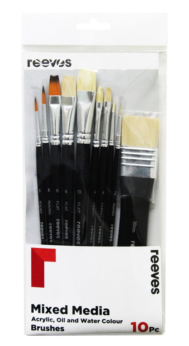 Reeves Mixed Media Brush Set Short Handle Assorted 10pc (Gold Synthetic No. 3 6 Round and No. 6 Flat; Hog Bristle No. 2 Round x 2; No. 8 10 Flat; No. 4 Filbert x 2; 30mm Spalter) - theartshop.com.au