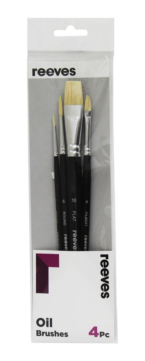 Reeves Oil Colour Brush Set Hog Bristle Short Handle 4pc (No. 1 6 Round; No. 10 Flat; No. 4 Filbert) - theartshop.com.au