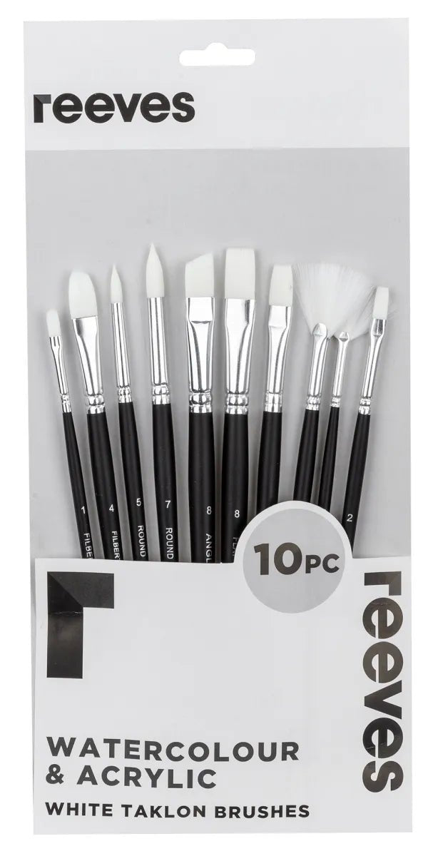 Reeves Set 10 White Taklon Short Handle Flat, Round, Filbert, Angle & Fan Brush Set - theartshop.com.au