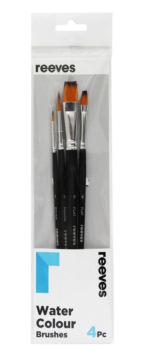 Reeves Water Colour Brush Set Gold Synthetic Short Handle 4pc (No. 1 6 Round; No. 4 8 Flat) - theartshop.com.au