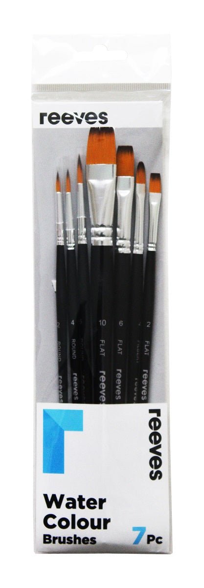 Reeves Water Colour Brush Set Gold Synthetic Short Handle 7pc (No. 2 4 6 Round; No. 2 6 10 Flat; No. 4 Filbert) - theartshop.com.au