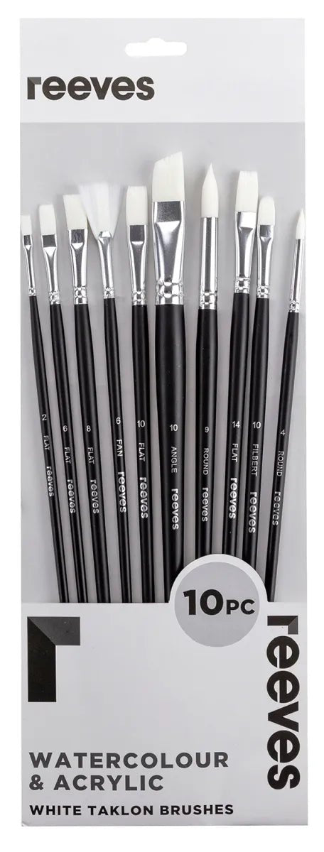 Reeves White Taklon Long Handle Flat, Round, Filbert, Angle & Fan Brush Set 10 - theartshop.com.au