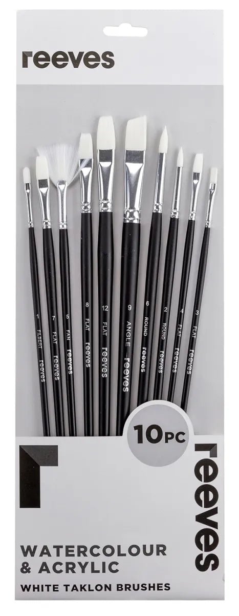 Reeves White Taklon Long Handle Flat, Round, Filbert, Angle & Fan Brush Set 10 - theartshop.com.au