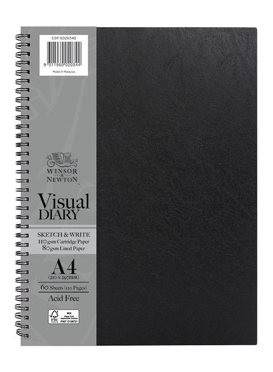 W & N Wire Bound A4. Black Cover. Sketch (110gsm) & Write (80gsm Lined). 60sht. FSC - theartshop.com.au